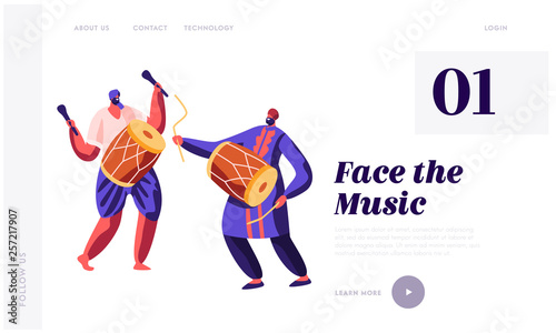Indian Musicians Playing Traditional Music at Festival Landing Page. Asian Man with Dhol at Celebration. Musical Concert in India. Drum Instrument Website or Web Page. Flat Cartoon Vector Illustration