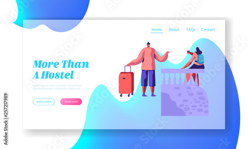 People Character Communicate Outside Hostel Veranda Talking Drink Coffee Landing Page. International Economy Travel Hotel Concept Website or Web Page. Flat Cartoon Vector Illustration