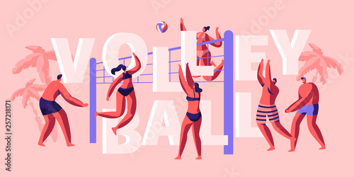 Character Team Play Volleyball on Beach Banner. Funny and Sunny Day for Playing Game with Friend. Catching and Throwing Ball. Popular Sport for two Company of Player. Flat Cartoon Vector Illustration