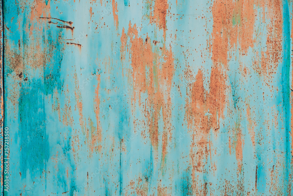 Obraz premium Old Grunge Rusty Metal Metallic Colored Background. Colorful Blue And Orange Abstract Metallic Surface