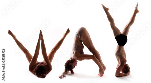 Yoga alphabet, athlete forming WAY word over white background