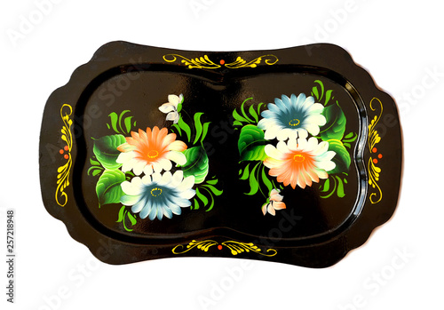 Rectangular metal tray with Zhostovsky painting on a white background photo
