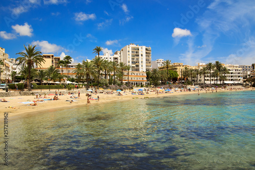 Ses Figueretes beach in Ibiza town in sunny summer morning