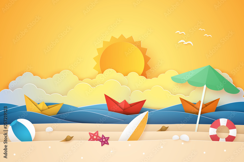 Summer time , sea and beach with boat and stuff  , paper art style