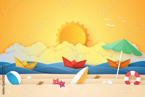 Summer time , sea and beach with boat and stuff  , paper art style