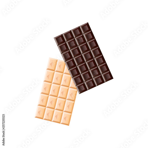Two bars of black and white chocolate isolated on white background