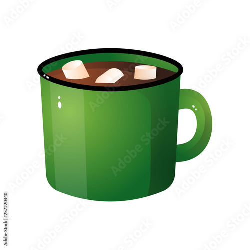 Hot chocolate with white marshmallow in green mug