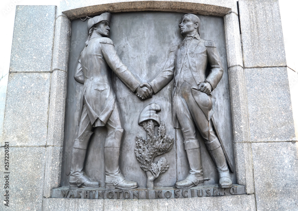 LODZ, POLAND.  A bas-relief with Tadeusz Kosciusko and George Washington's image. Fragment of a monument of Kosciusko