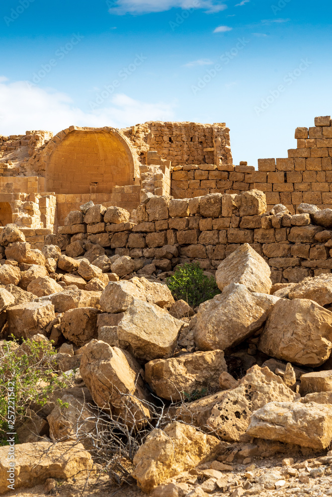 SHIVTA, ISRAEL / FEB 18, 2018:  The ruins of a church in this Christian Nabatean city in Israel's Negev desert, abandoned some 200 years after the 7th century Muslim conquest.