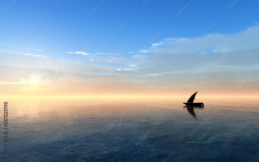 Fototapeta premium silhouette of boat on calm sea at sunset