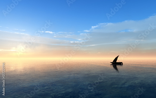 silhouette of boat on calm sea at sunset