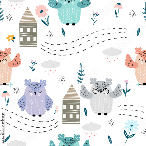 Fototapeta Naklejka Na Ścianę i Meble -  Cartoon owls seamless pattern. Sketch for wrapping paper..