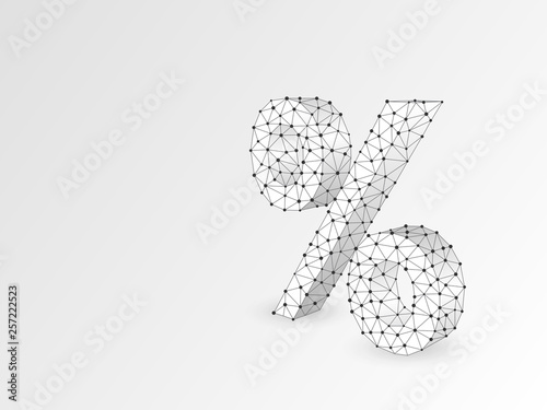 Percent symbol abstract origami 3d illustration. Polygonal Vector business concept of banking, calculation, discount. Low poly wireframe, geometry triangle, lines, dots, polygons on white background