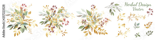 Green leaves with gold. Set: arrangement of leaves and gold elements, branches and ornamental herbs. Vector design.