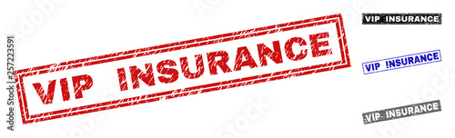 Grunge VIP INSURANCE rectangle stamp seals isolated on a white background. Rectangular seals with grunge texture in red, blue, black and gray colors.