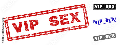 Grunge VIP SEX rectangle stamp seals isolated on a white background. Rectangular seals with grunge texture in red, blue, black and grey colors.