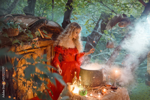 Leinwand Poster pretty young lady with blond curly hair above big magic cauldron with smoke and