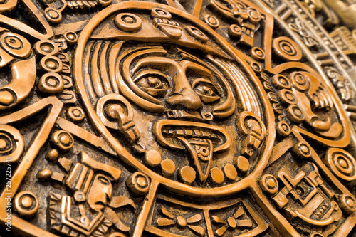 Oblique view of the central disk of the Aztec calendar, with the face of the solar deity Tonatiuth