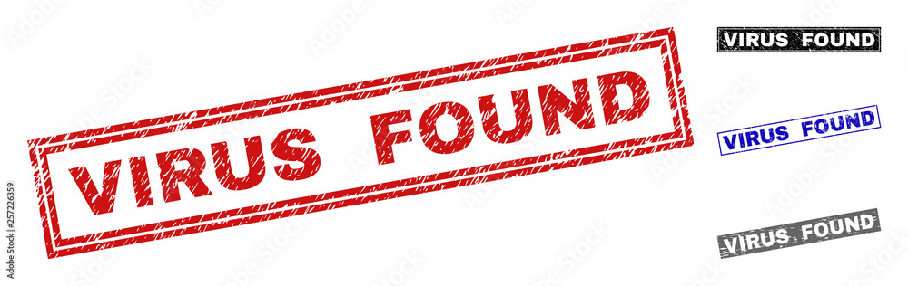 Grunge VIRUS FOUND rectangle stamp seals isolated on a white background. Rectangular seals with distress texture in red, blue, black and gray colors. Grunge VIRUS FOUND rectangle stamp seals isolated on a white background. Rectangular seals with distress texture in red, blue, black and gray colors.