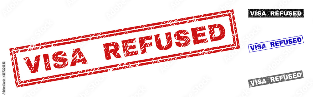 Grunge VISA REFUSED rectangle watermarks isolated on a white background. Rectangular seals with grunge texture in red, blue, black and gray colors. Grunge VISA REFUSED rectangle watermarks isolated on a white background. Rectangular seals with grunge texture in red, blue, black and gray colors.