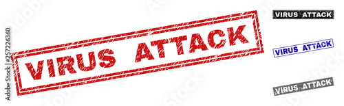 Grunge VIRUS ATTACK rectangle stamp seals isolated on a white background. Rectangular seals with grunge texture in red, blue, black and grey colors.