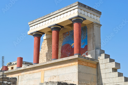 Restored North Entrance with charging bull fresco in Knossos Palace