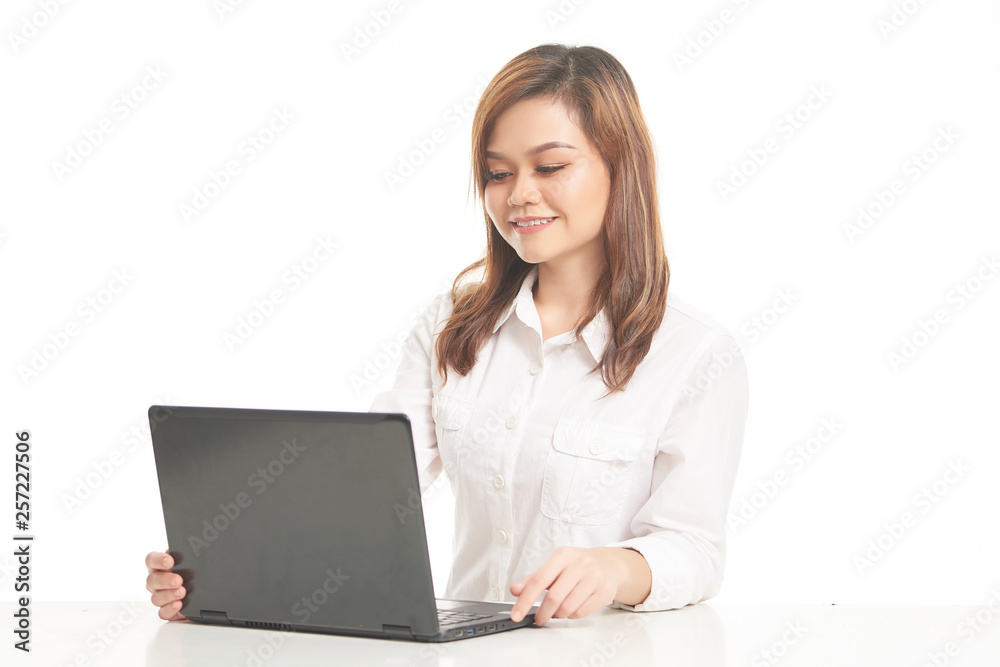 Office Lady In White Shirt using Laptop and File Office Lady In White Shirt using Laptop and File