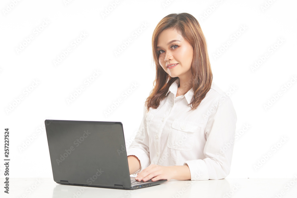 Office Lady In White Shirt using Laptop and File Office Lady In White Shirt using Laptop and File