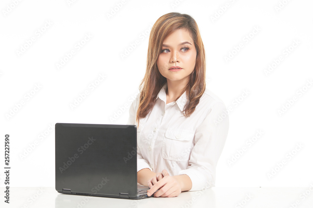 Office Lady In White Shirt using Laptop and File Office Lady In White Shirt using Laptop and File