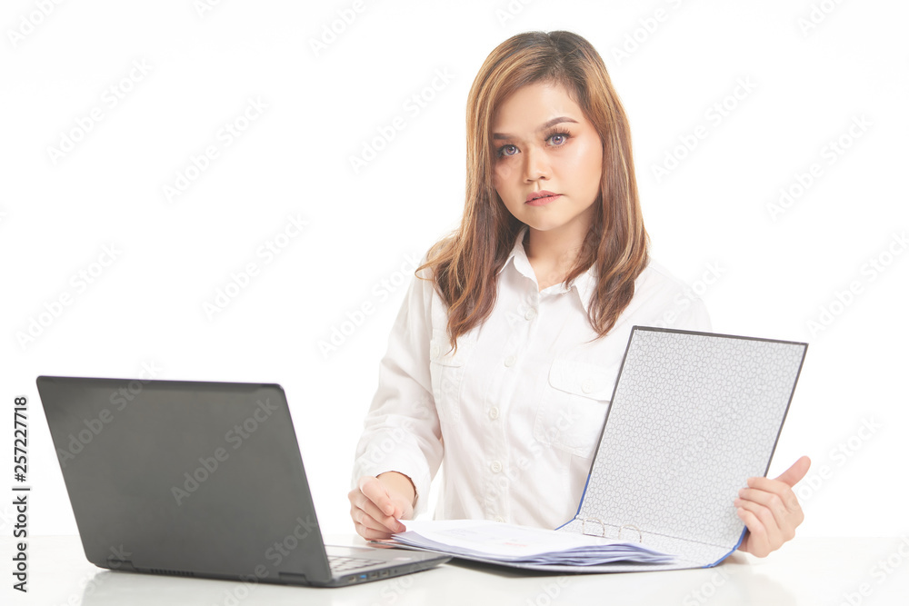 Office Lady In White Shirt using Laptop and File Office Lady In White Shirt using Laptop and File