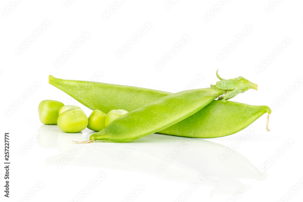 Group of two whole green sugar snap pea pod with three peas isolated on white background Group of two whole green sugar snap pea pod with three peas isolated on white background