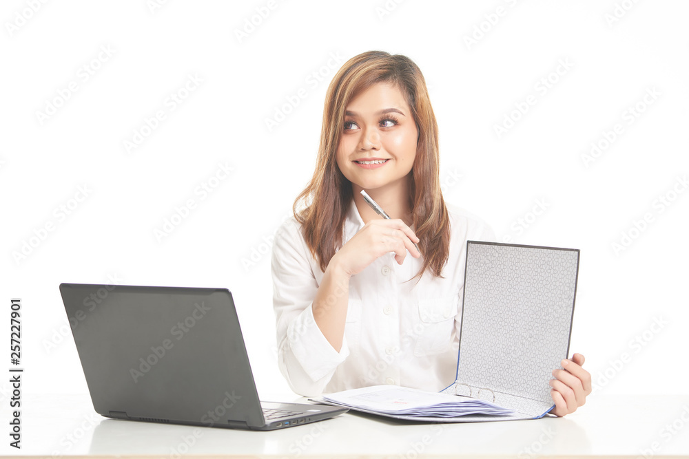 Office Lady In White Shirt using Laptop and File Office Lady In White Shirt using Laptop and File