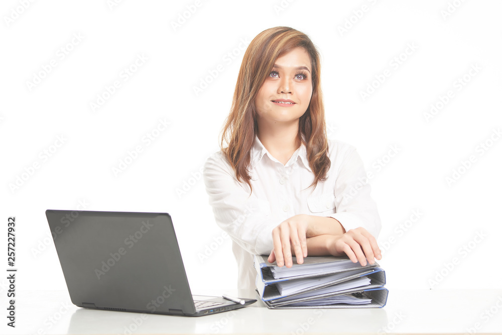 Office Lady In White Shirt using Laptop and File Office Lady In White Shirt using Laptop and File