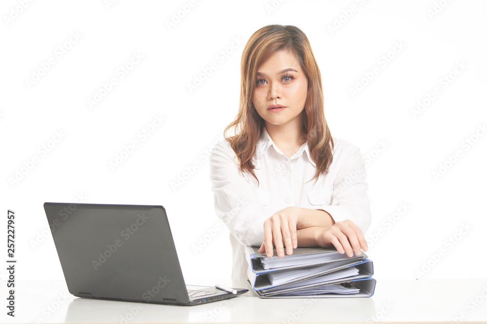 Office Lady In White Shirt using Laptop and File Office Lady In White Shirt using Laptop and File