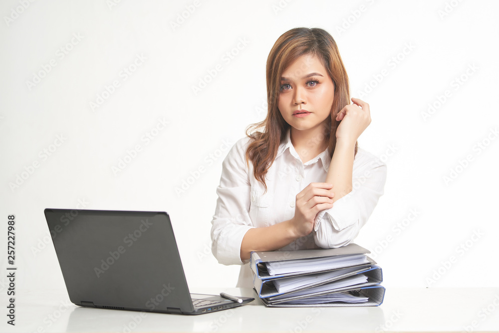 Office Lady In White Shirt using Laptop and File Office Lady In White Shirt using Laptop and File