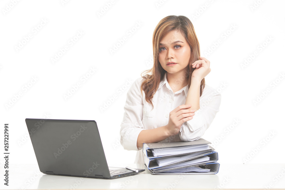 Office Lady In White Shirt using Laptop and File Office Lady In White Shirt using Laptop and File