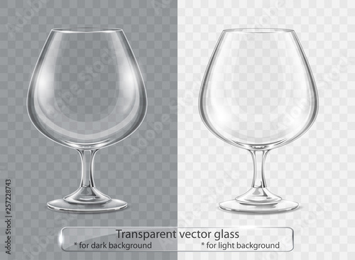 Transparent vector glass goblets for dark and light background. Brandy sniffer