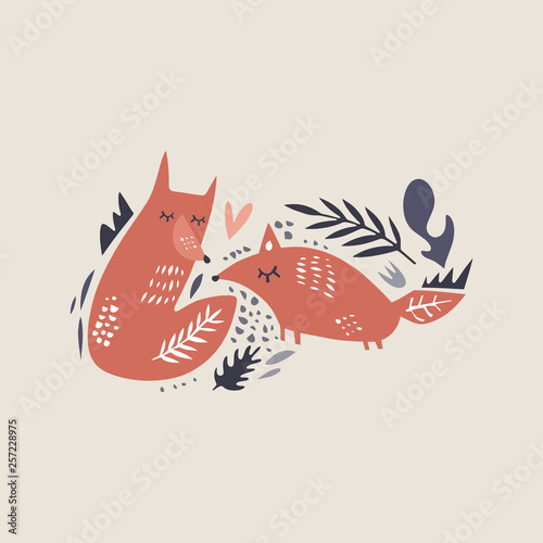 Vector cute doodle foxes and plants pattern, decor cut out elements collection, nursery illustration, cartoon character, clip art