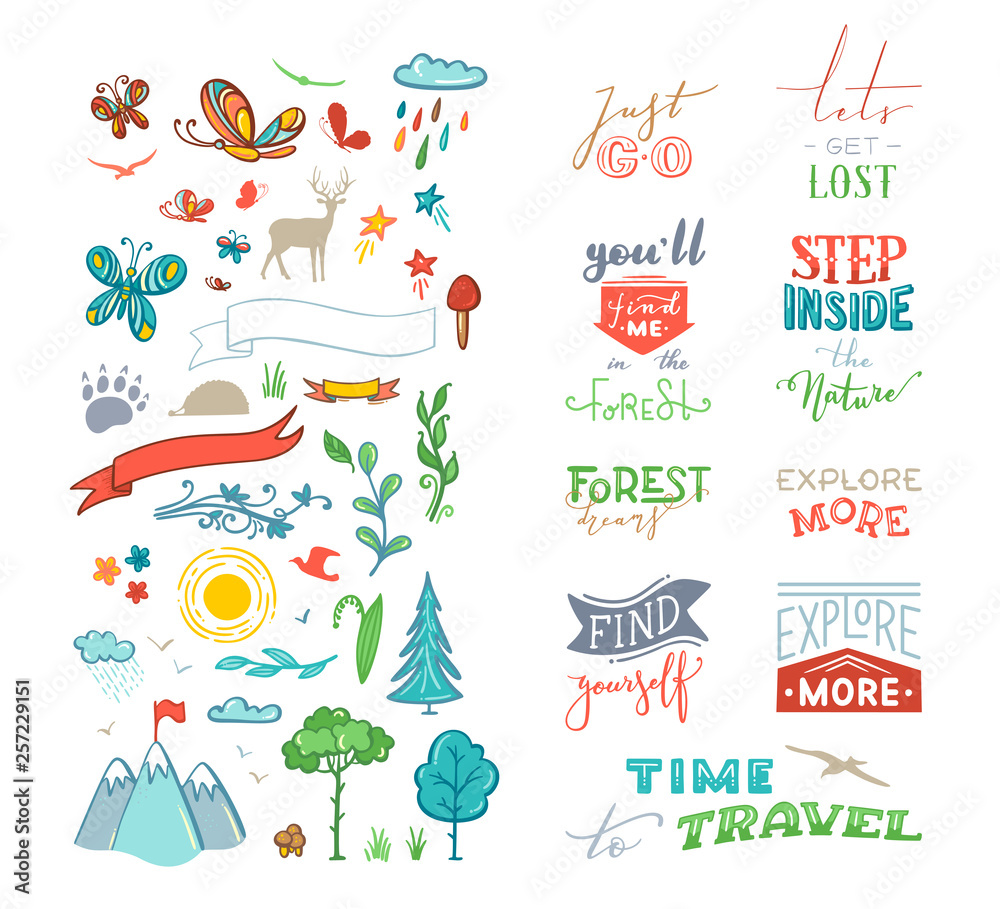 Vector chalk lettering and doodle clipart on nature / travel / wanderlust theme.