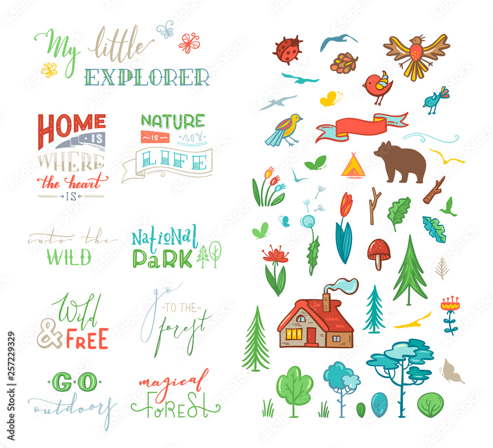 Vector chalk lettering and doodle clipart on nature / travel / wanderlust theme.