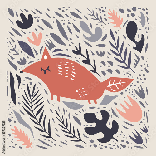 Vector cute doodle fox and plants pattern, decor cut out elements collection, nursery illustration, cartoon character, clip art