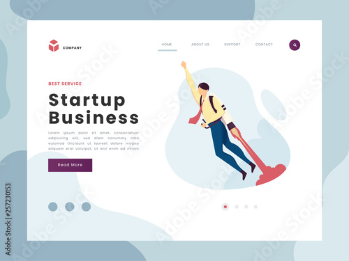 Vector Illustration idea concept for landing page template, Man soars into the sky through clouds with jet pack rocket, team startup launch of a new business developing company, flat gradient style.