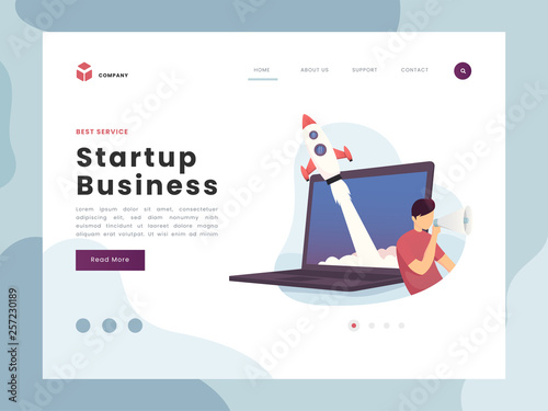 Vector Illustration idea concept for landing page template, Man speaks into speaker megaphone on the laptop, rocket soar into the space through the sky, launch new startup, flat style.