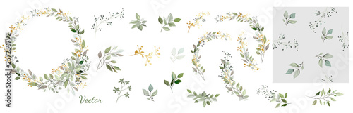 Set. Arrangement of decorative leaves and gold elements. Collection: leaves, twigs, herbs, leaf compositions, gold, wreath. Vector design.