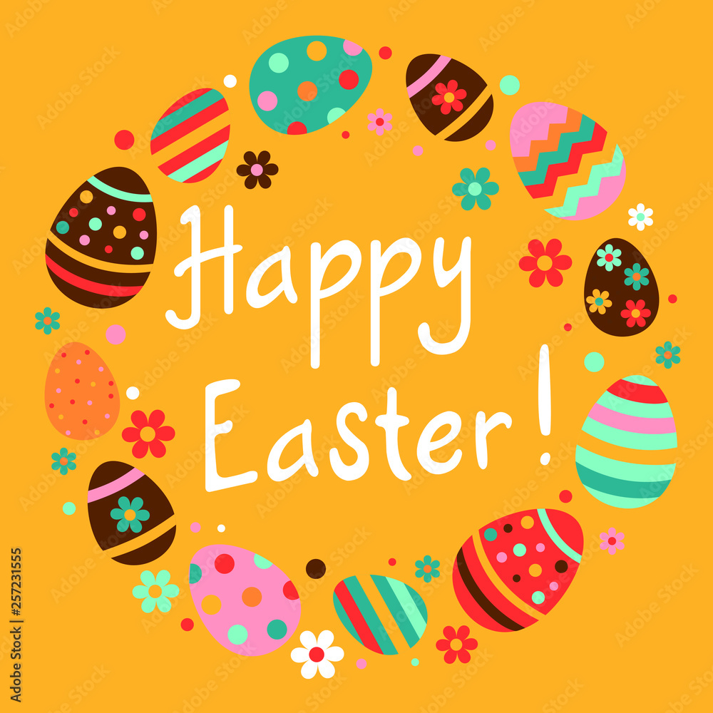 Easter frame with easter eggs, flowers and dots on yellow background. Colorful vector Happy Easter greeting card.