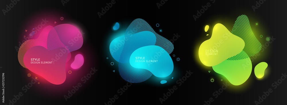 Set of abstract modern graphic elements. Dynamic color forms and line. Gradient neon abstract banner with bright flowing liquid shapes. Template for the design of a logo, flyer or presentation. Vector