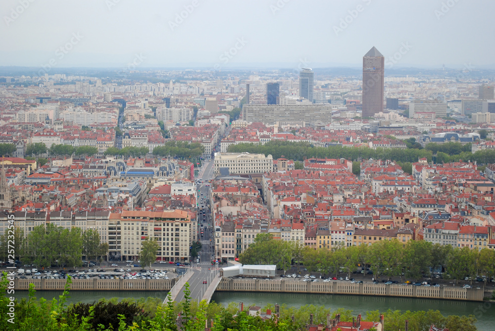 The panoramic aerial view at Lyon from Basilique de Fourviere hill. Lyon. France