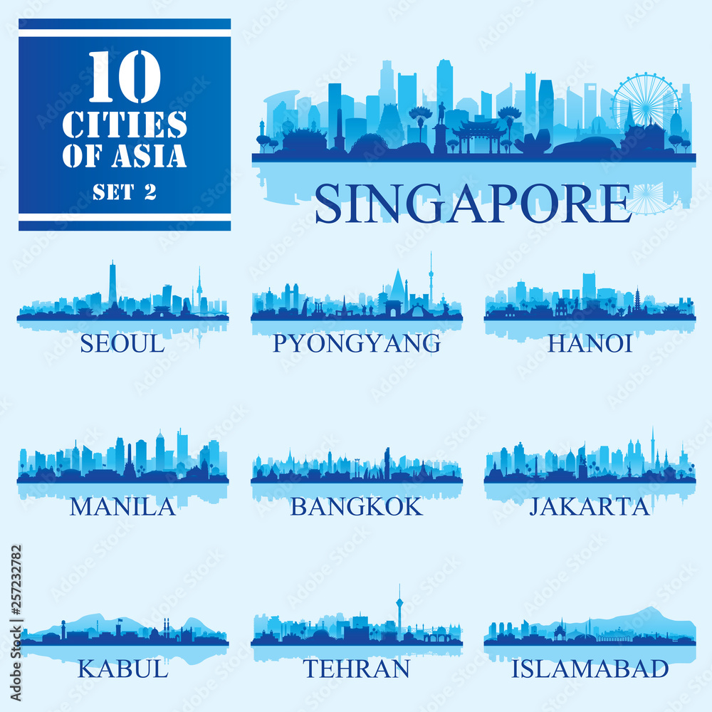 10 Asian cities, set of vector illustration