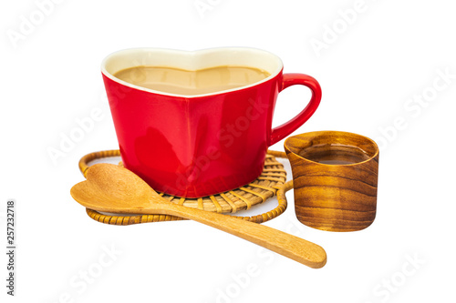 Coffee in the red cup for breakfast isolated on white background.