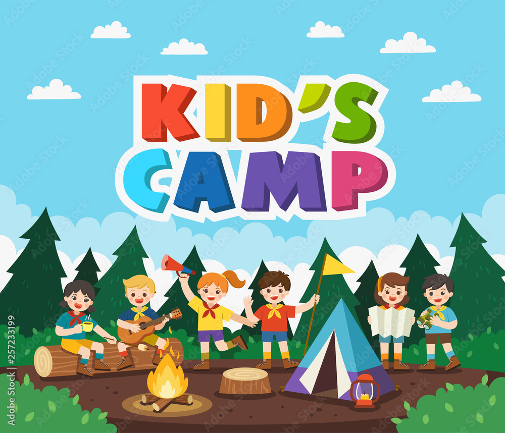 Children camping out in the park. Camping kids concept. Summer camp education advertising. vector illustration. Children camping out in the park. Camping kids concept. Summer camp education advertising. vector illustration.